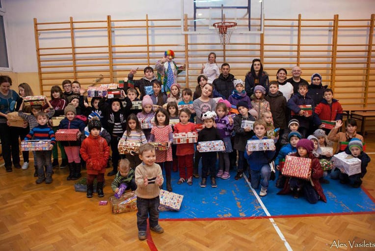 Refugee children with their shoebox gifts.
