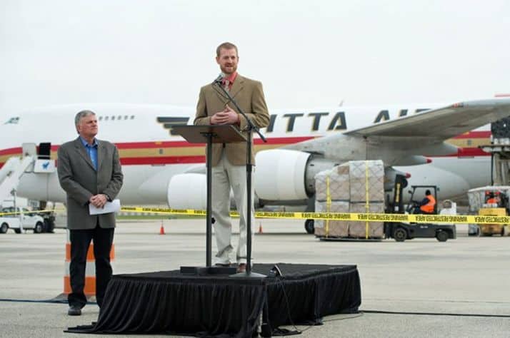 Dr. Kent Brantly and Franklin Graham announce an airlift of Ebola treatment supplies to Liberia. Months earlier, Dr. Brantley and nurse Nancy Writebol contracted but survived the deadly illness.