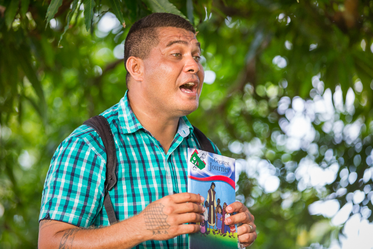 The lessons give church leaders like Pastor “Waisea“ Liwaiano  an opportunity to take the Gospel into villages—and under mango trees—across the island nation.