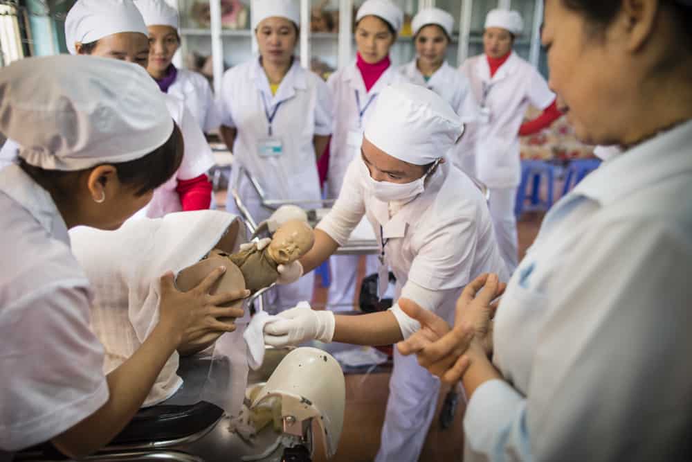 Traditional birth attendant training provides hands-on learning.