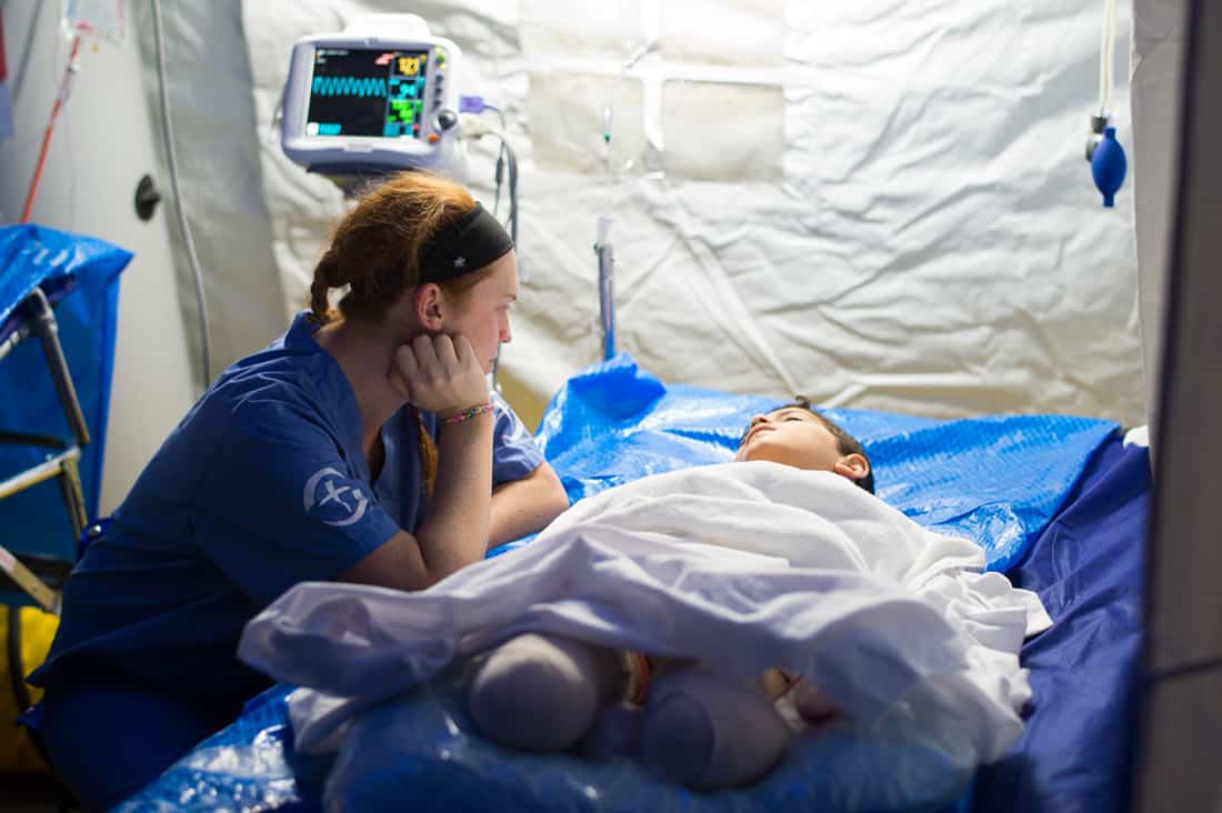 Our medical team cared for patients severely injured in the conflict between Iraqi security forces and ISIS in Mosul. This 7-year-old boy lost his feet due to a mortar blast that hit while he played soccer with his friends.