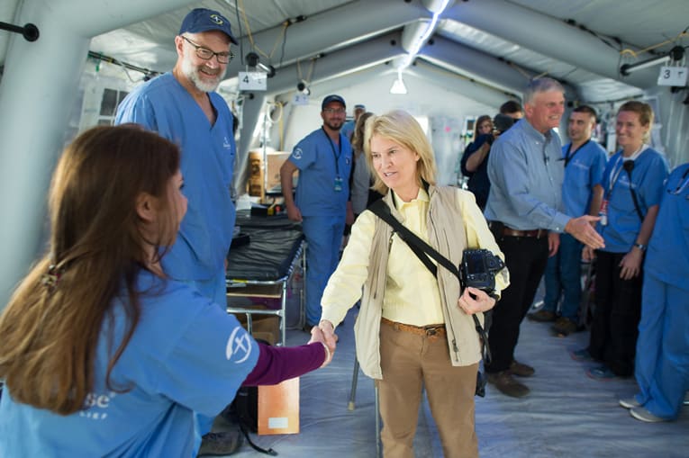 Greta Van Susteren and Franklin Graham greet our staff at the emergency field hospital outside Mosul.</p></div>“You never know where that person will be in their life when they will remember that, in this dark hour, there were Christian men and women that put them back together, prayed for them, and loved them,” Graham said. “I hope and pray that one day they will come to know Jesus Christ as their Lord and Savior.”