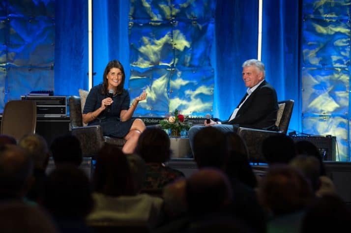 Franklin Graham interviews former U.S. Ambassador Nikki Haley during the Prescription for Renewal conference.