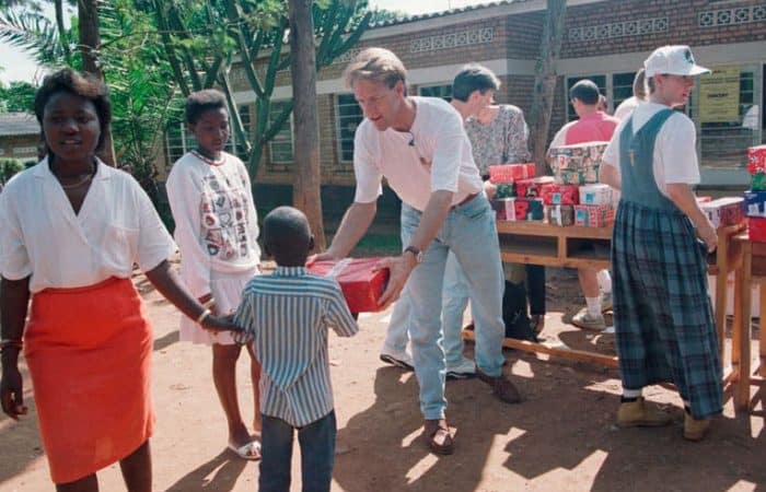 1994 - Pastor Skip Heitzig from Calvary in Albuquerque, New Mexico, and his wife Lenya led the team that brought shoebox gifts to children orphaned by the Rwandan genocide.