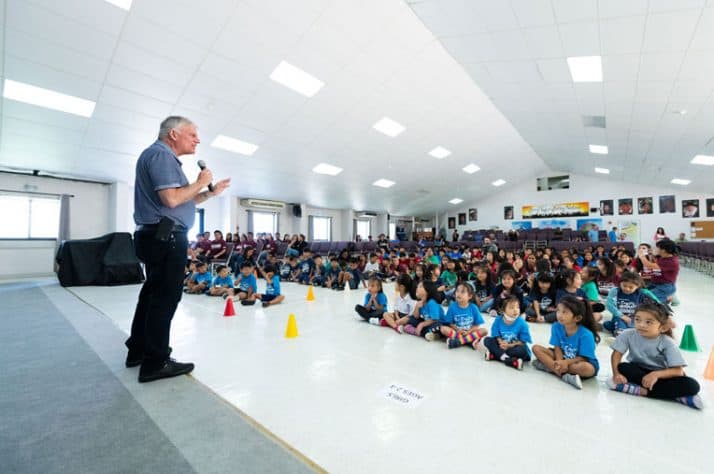 Franklin Graham spoke with the group of children before they received their shoebox gifts.