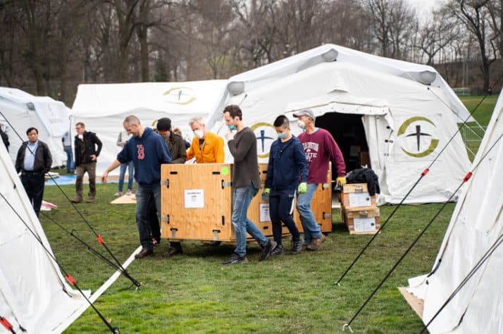 We unloaded medical supplies into the tents.
