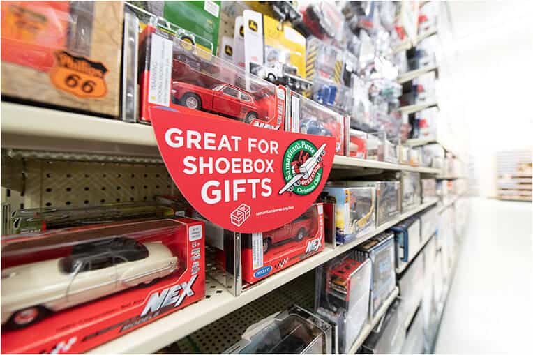 Look for “Great for Shoebox Gifts” signs in the fall for suggestions of shoebox items.