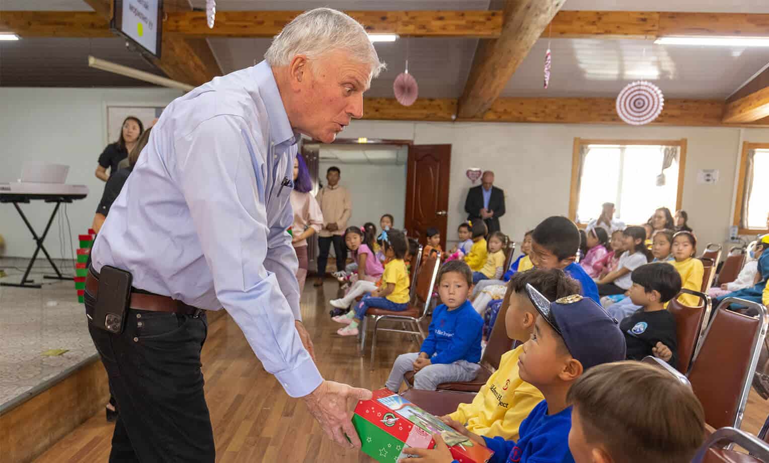 Franklin Graham gives Operation Christmas Child shoebox gifts to boys and girls in Mongolia.