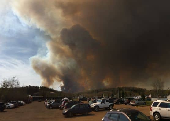 Vehicles parked next to approaching wildfire