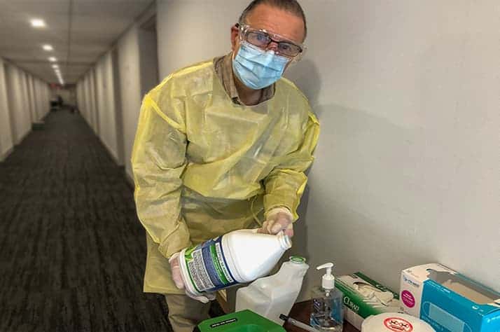 A Samaritan's Purse team member helps clean and sanitize at a COVID-19 isolation recovery center in Thunder Bay, Ontario.