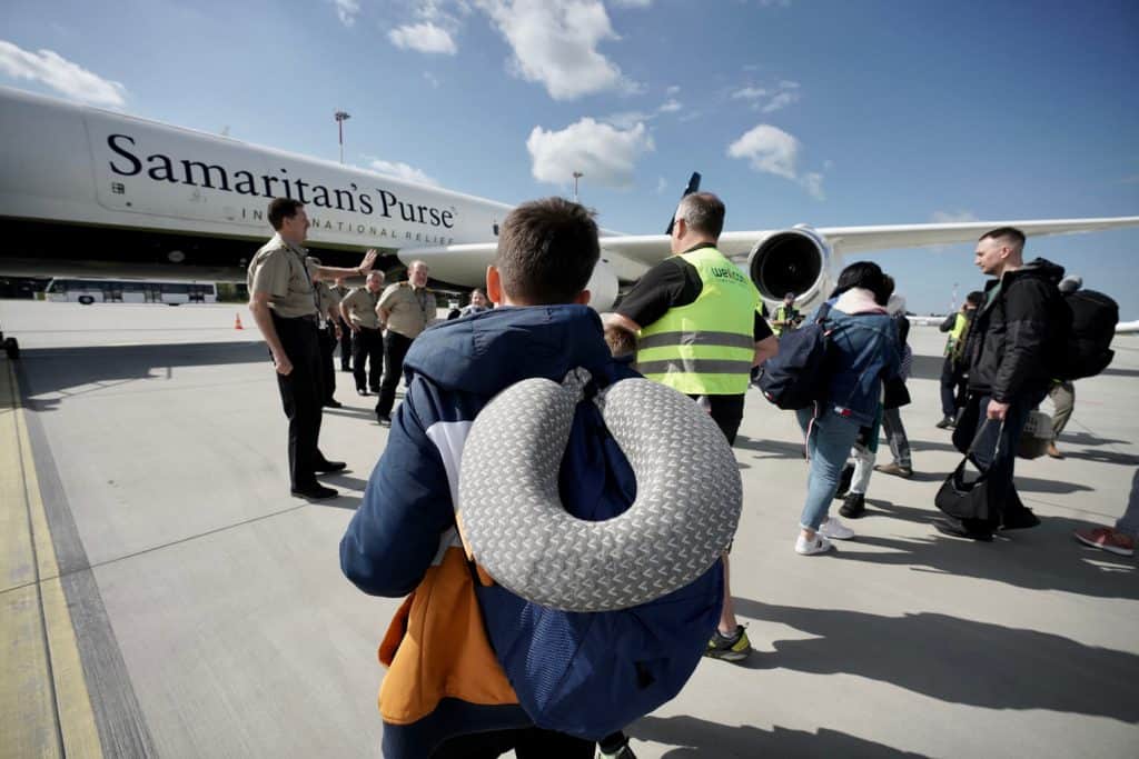 Dozens of Ukrainians traveled aboard the Samaritan's Purse DC-8 on Sunday, May 15, hoping for a new life in North America.