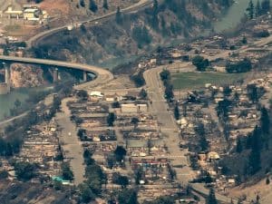 Structures destroyed by fire are seen in Lytton, B.C., on Thursday, July 1, 2021.