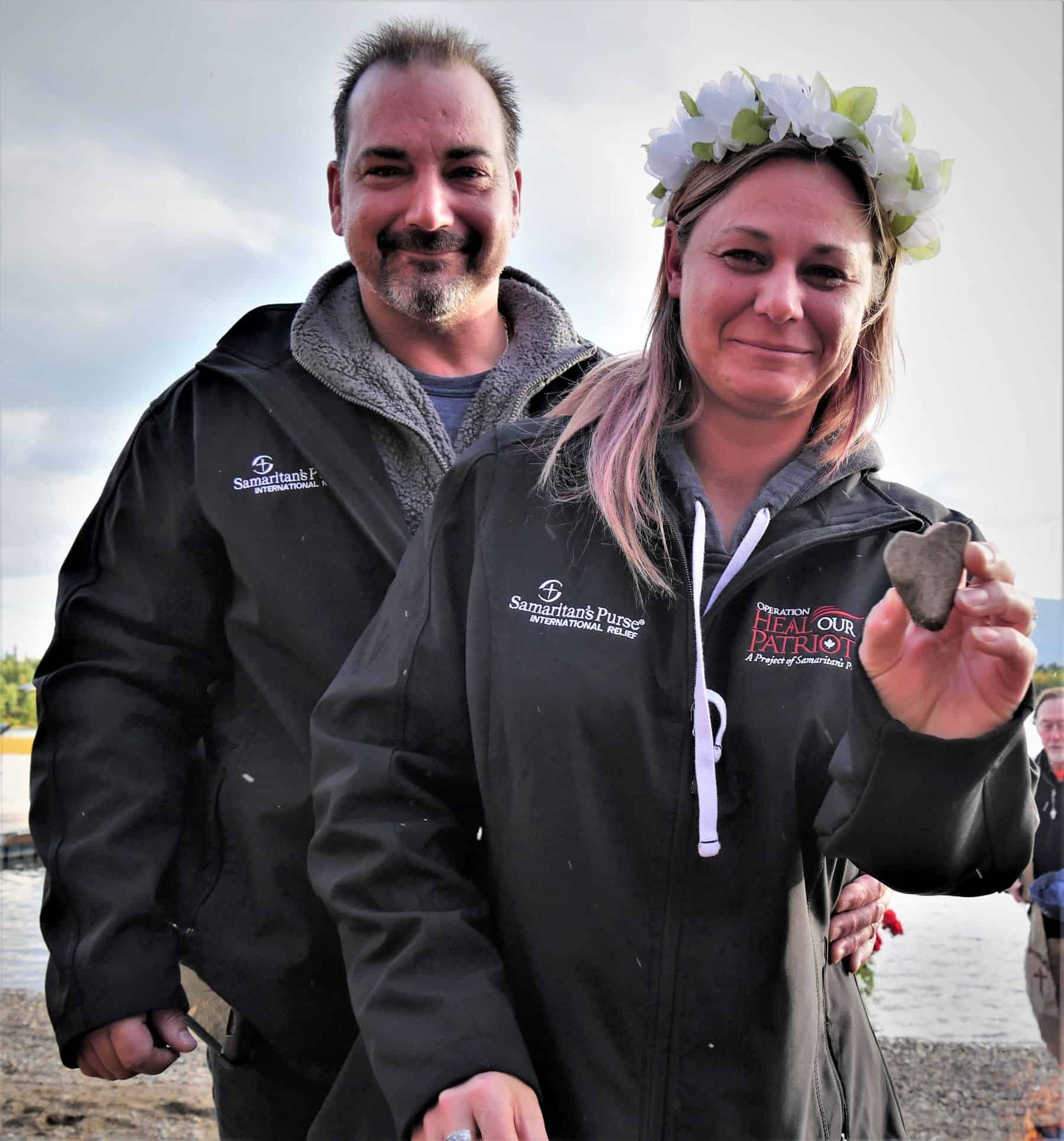 After renewing their wedding vows at Operation Heal Our Patriots, Jennifer was excited to find a 'heart rock' where the ceremony was held on the shore of lake Clark.