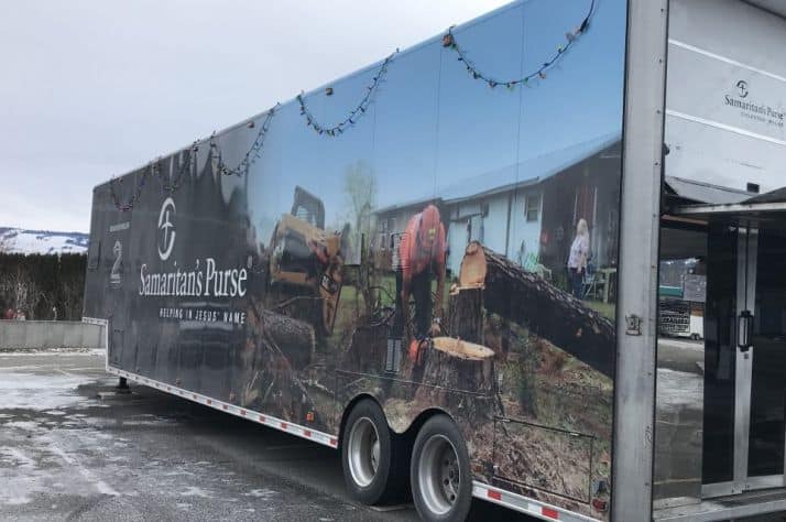 The Samaritan's Purse truck was parked alongside Crossroads Church in Merritt during the organization's stay. (Jake Courtepatte/Herald)