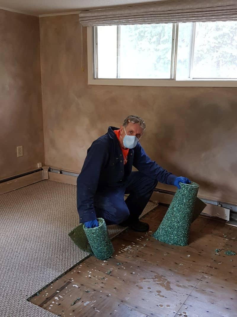 This volunteer working in Constance Bay this afternoon is removing water damaged carpet and underlay so the area can be sanitized.