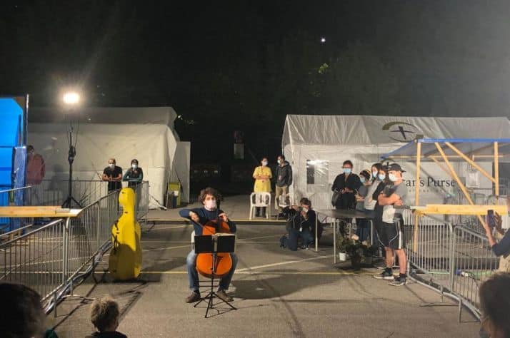 A concert played by cellist Andrea Nocerino of Cremona, Italy for the Canadian emergency hospital. Photo: Bev Kauffeldt