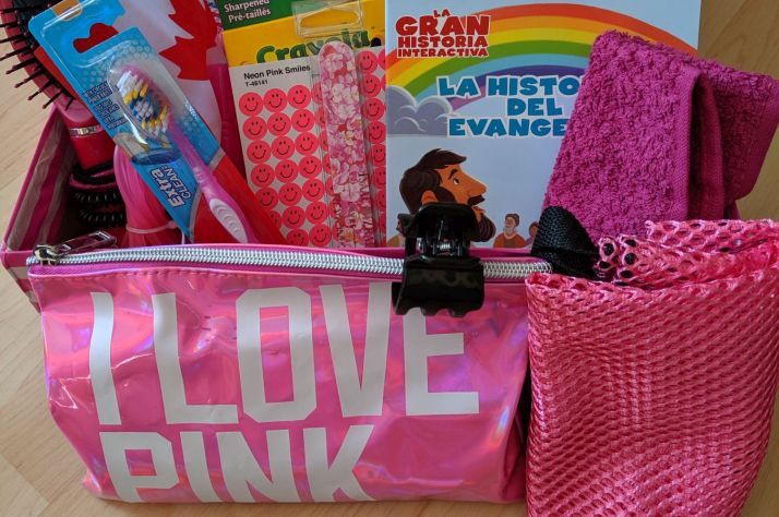 Julie Quantz themed this shoebox around pink items that are sure to delight the child who receives it.